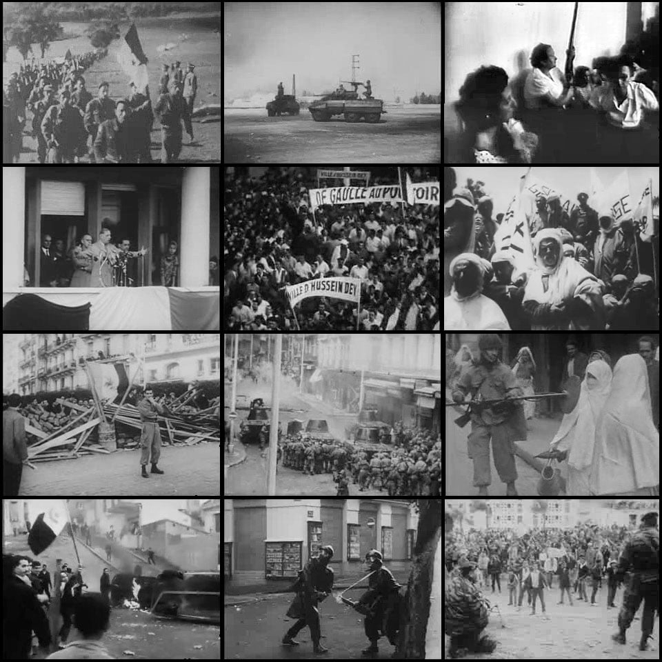 Collage de photographies de la guerre d'Algérie — soldats, colons, manifestations, Algériens