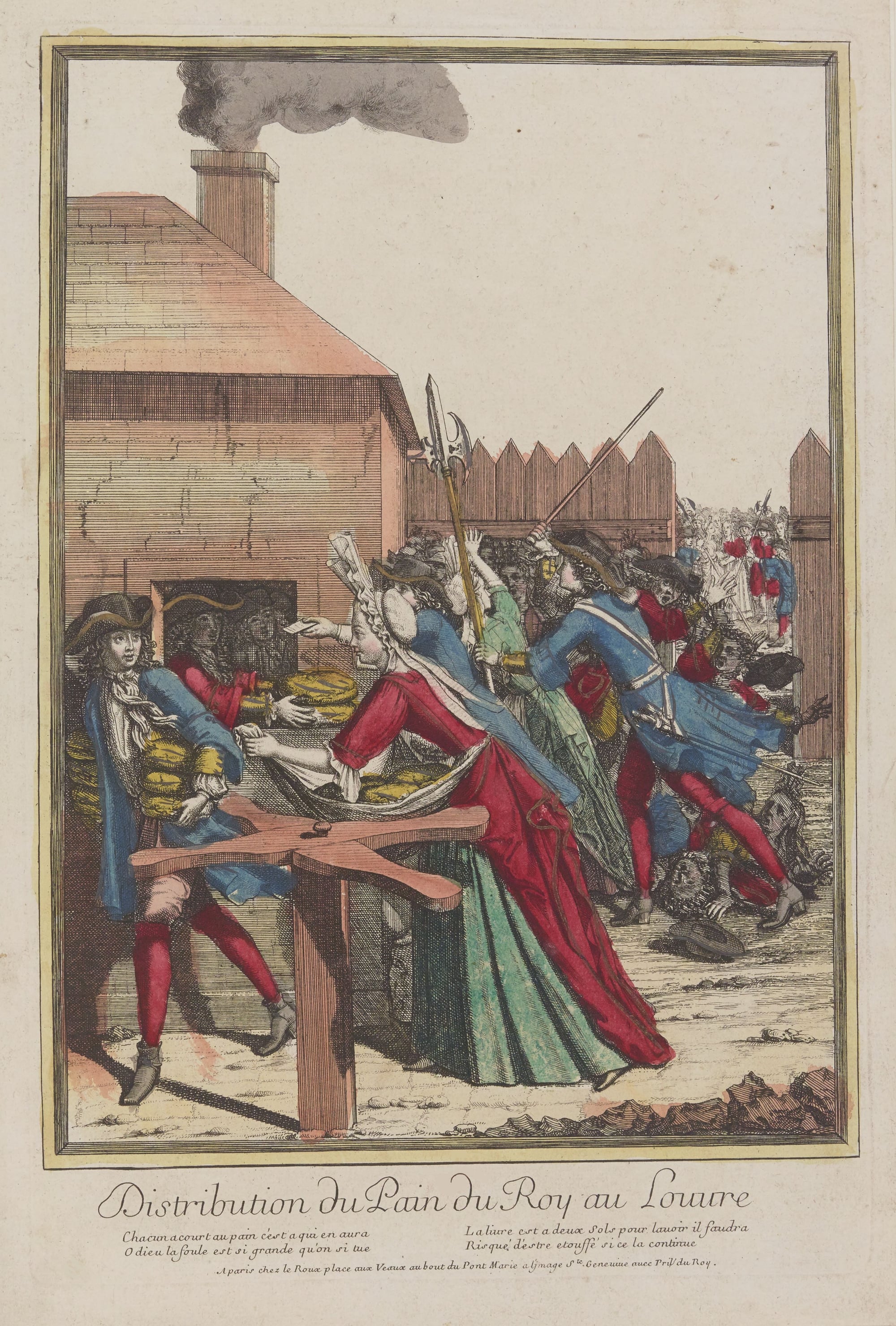 Gravure montrant une distribution de pain au Louvre pendant la grande famine de 1693