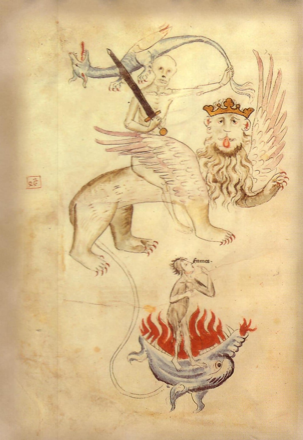 Enluminure médiévale représentant la Famine (Fames) et la Mort (Mors), Biblia Pauperum, vers 1315–1317