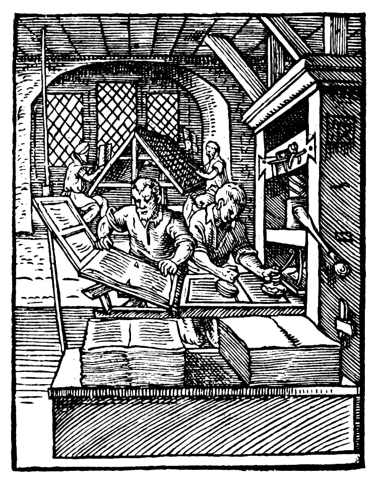 Gravure du XVIe siècle représentant un atelier d'imprimerie