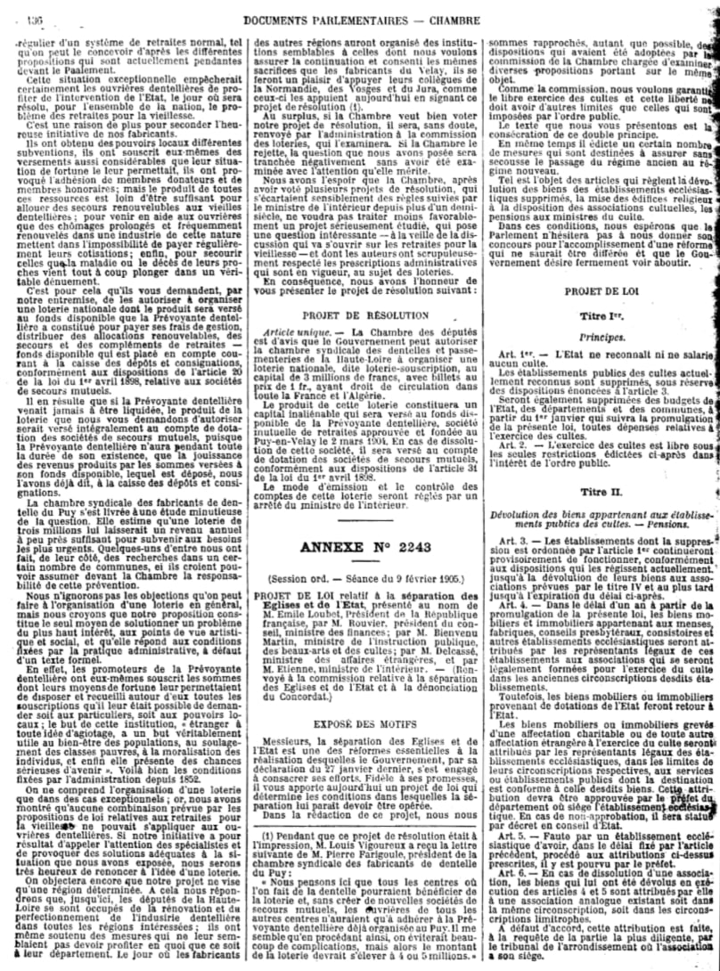 Première page de la loi du 9 décembre 1905 concernant la séparation des Églises et de l'État