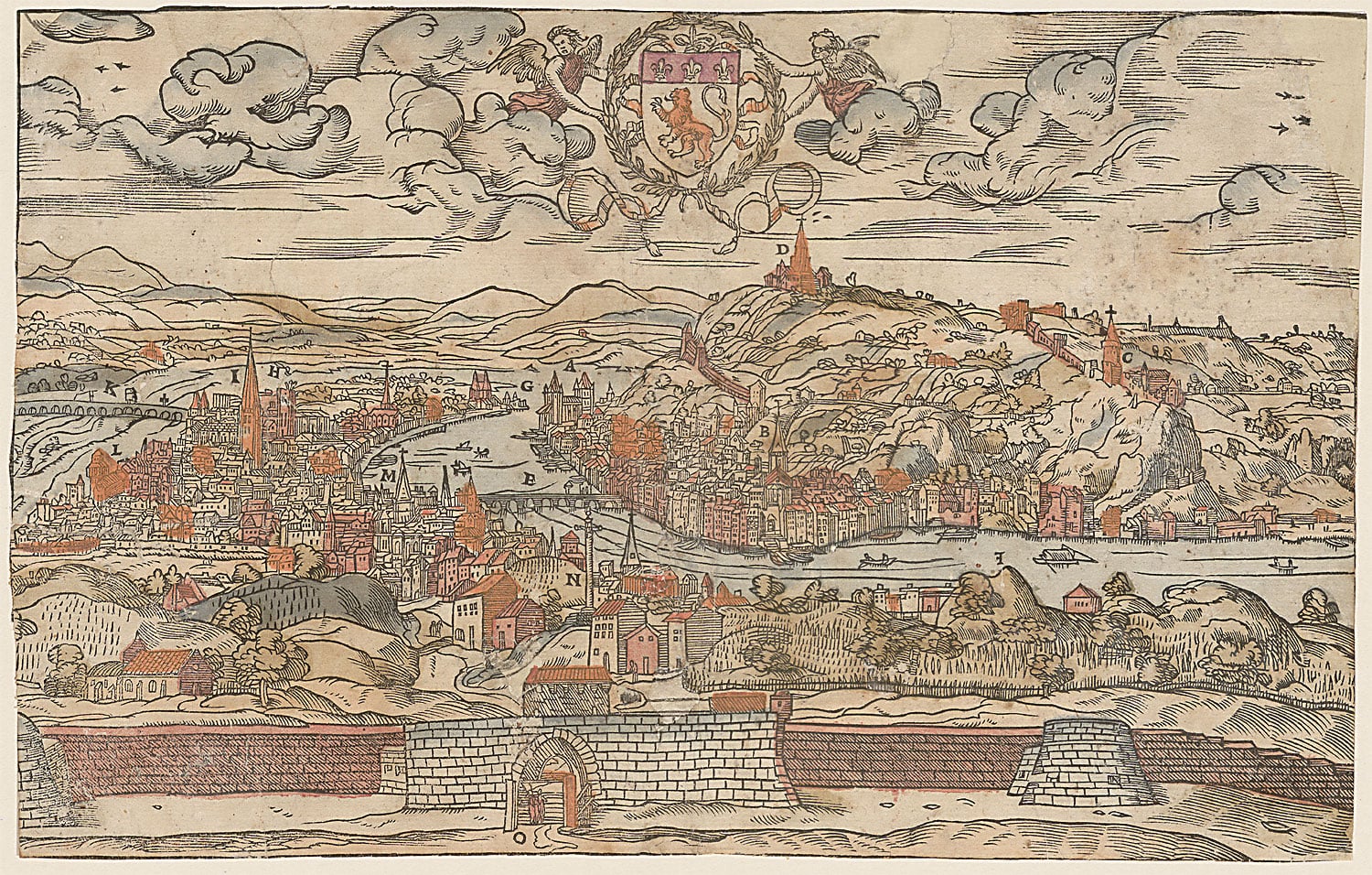 Vue gravée et coloriée de Lyon vers 1550