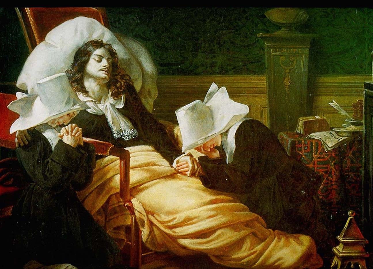 Peinture représentant Molière mourant sur scène, au cours d'une représentation du Malade imaginaire