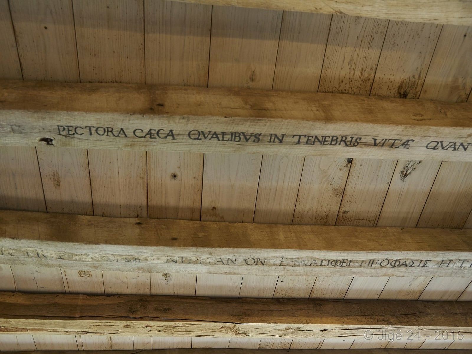 Poutres de la bibliothèque de Montaigne dans sa tour du château de Montaigne, avec des inscriptions de citations antiques
