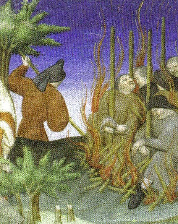 Miniature médiévale montrant des Juifs brûlés vifs pendant les persécutions liées à la peste noire