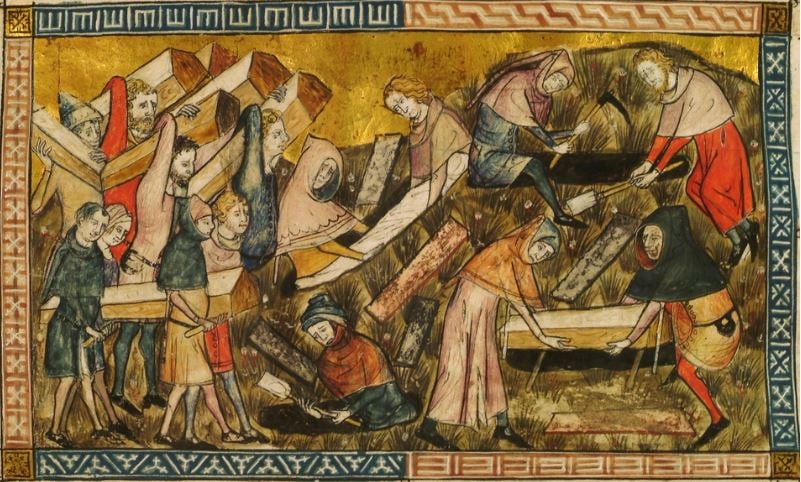Miniature médiévale représentant des victimes de la peste noire et des médecins en habit de protection