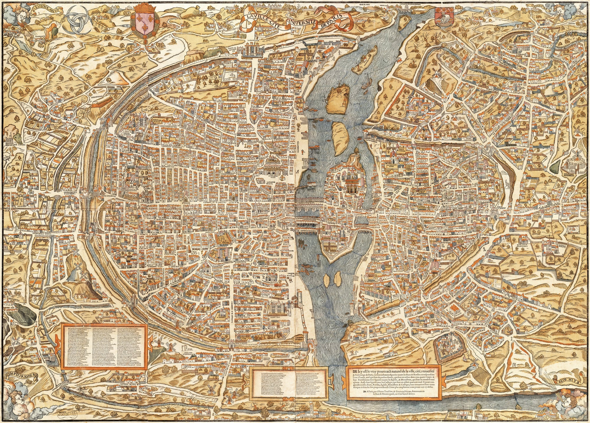 Plan de Paris par Truschet et Hoyau (vers 1550) montrant la ville médiévale et la rive gauche avec le Quartier latin