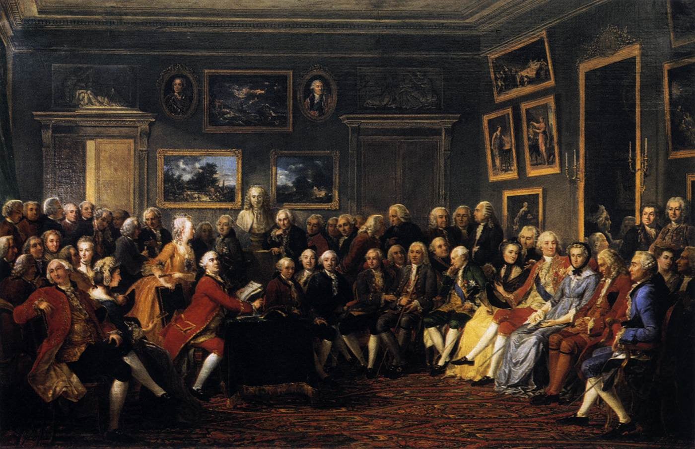 Peinture représentant une lecture chez Madame Geoffrin, salon littéraire parisien du XVIIIe siècle