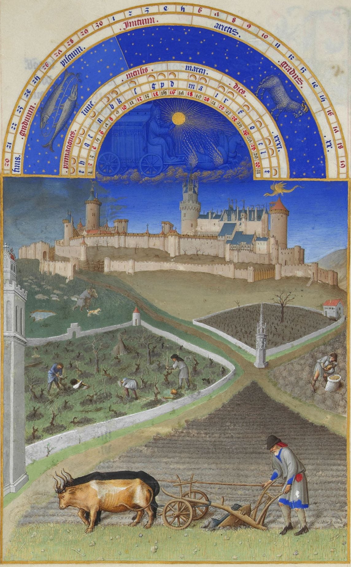 Enluminure du mois de mars des Très Riches Heures du duc de Berry montrant des paysans labourant la terre devant un château