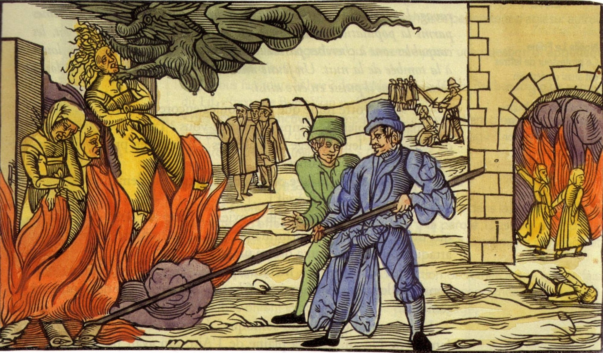 Gravure du XVIe siècle représentant un procès en sorcellerie